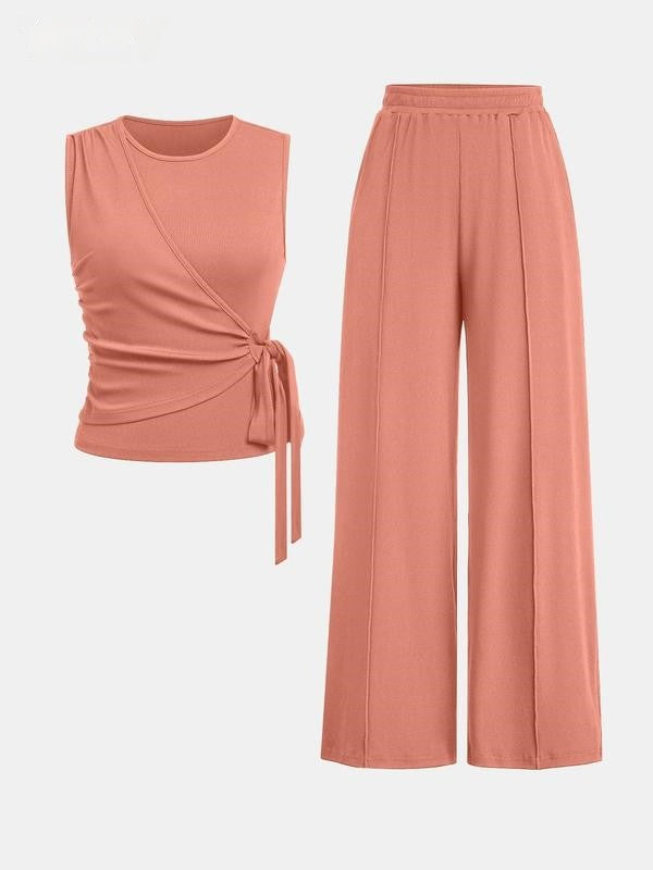 Women's Solid Knot Front Tank Top & Wide Leg Pants Set