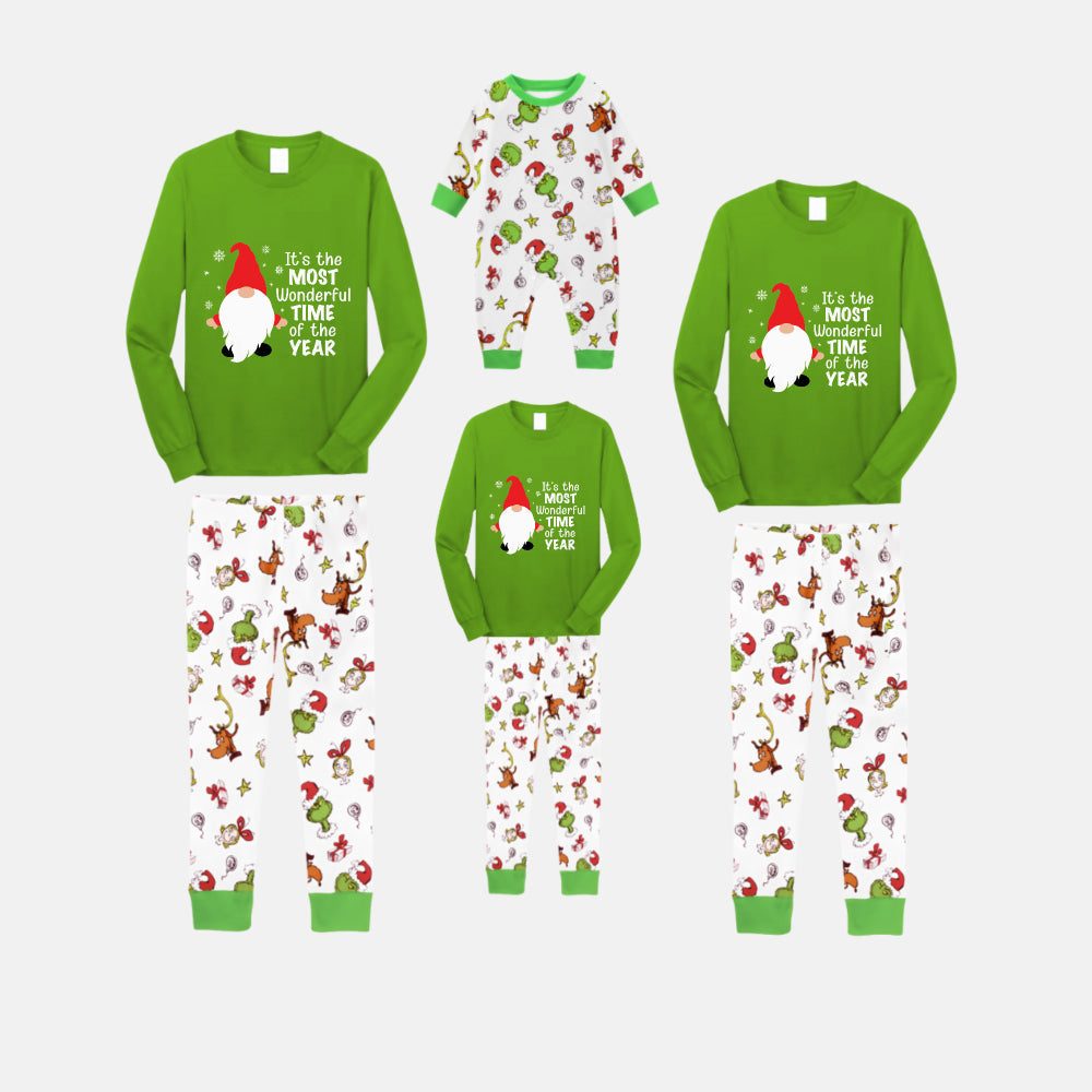 Christmas Family Matching Pajamas-Green Top and Grinch Pants Pjs Set with Gnome and "It is the most wonderful time of the year" Print