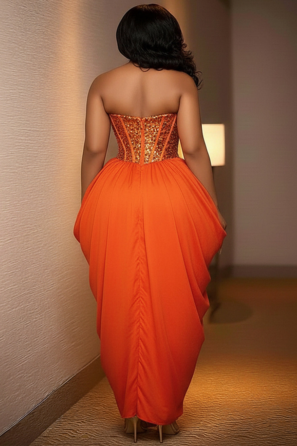 Strapless Sequin Patchwork Overlap Slit Party Maxi Dresses-Orange