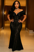 Off Shoulder Guipure Lace Party Maxi Fishtail Dresses-Black