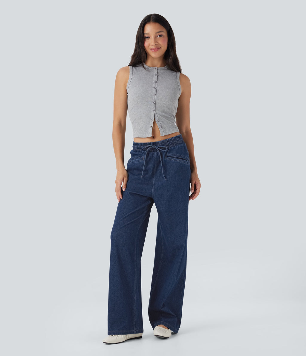 FlexTM High Waisted Drawstring Wide Leg Cool Touch Casual Jeans with Pockets