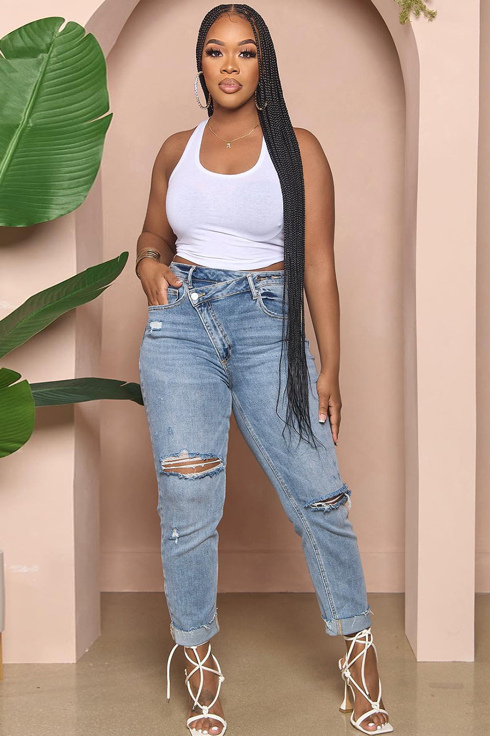 Denim High Waist Ripped Slim Fit Tapered Casual Cuffed Jeans-LightBlue