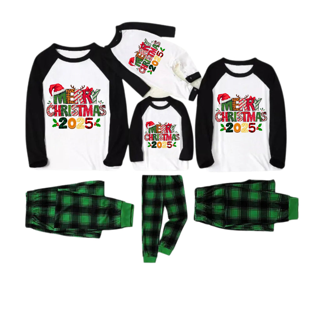 Black Raglan Top Green Plaid Christmas Pajamas Set With Colorful Merry Christmas 2025 Holiday Text