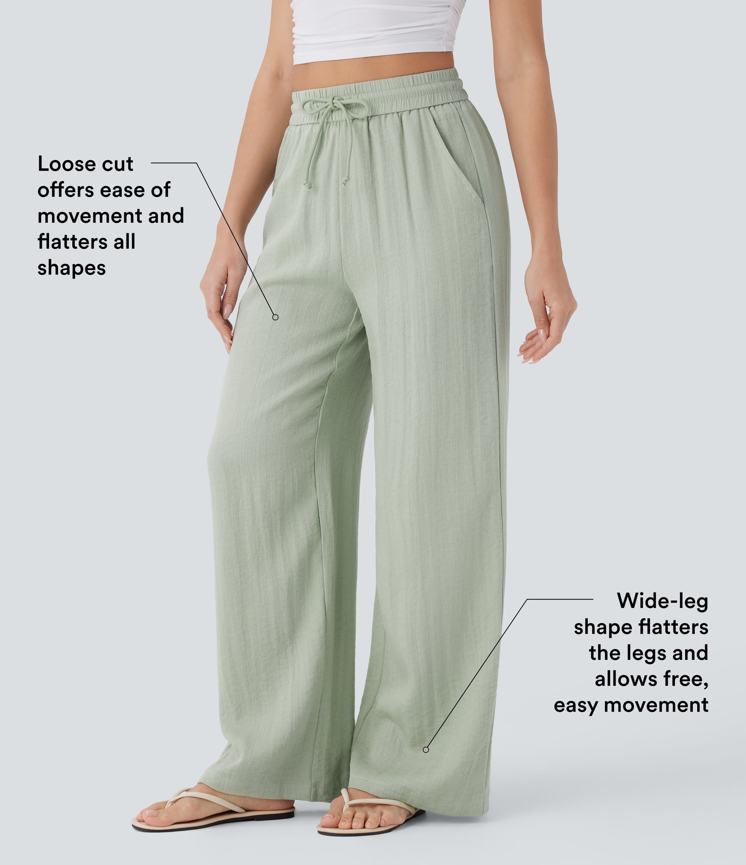Women Summer High Waisted Drawstring Pocket Wide Leg Casual Linen-Feel Pants