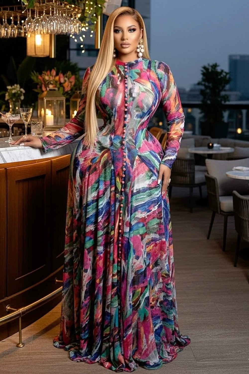 All Over Print Round Neck Long Sleeve Cinch Waist Maxi Dresses-Multicolor