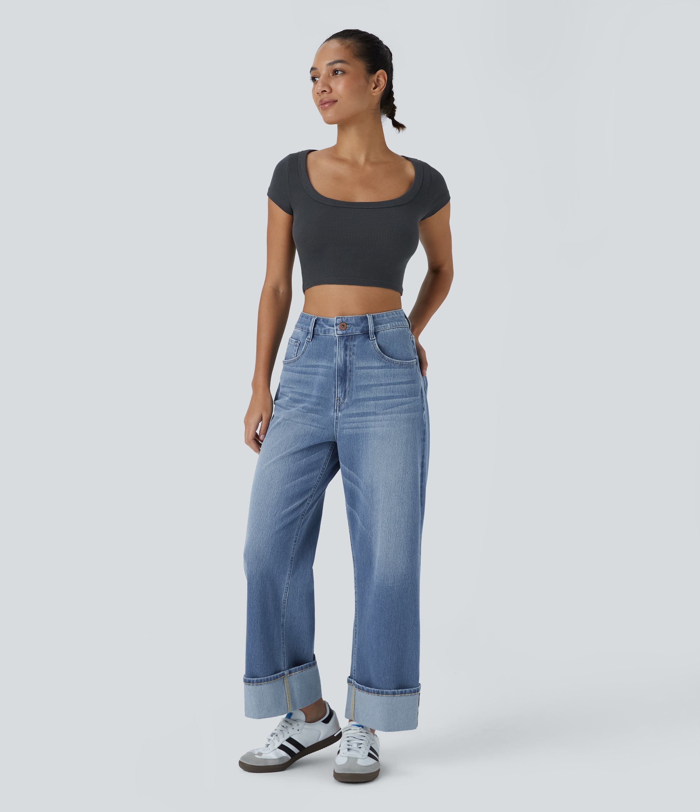 FlexTM High Waisted Multiple Pockets Rolled Hem Wide Leg Washed Stretchy Knit Casual Jeans