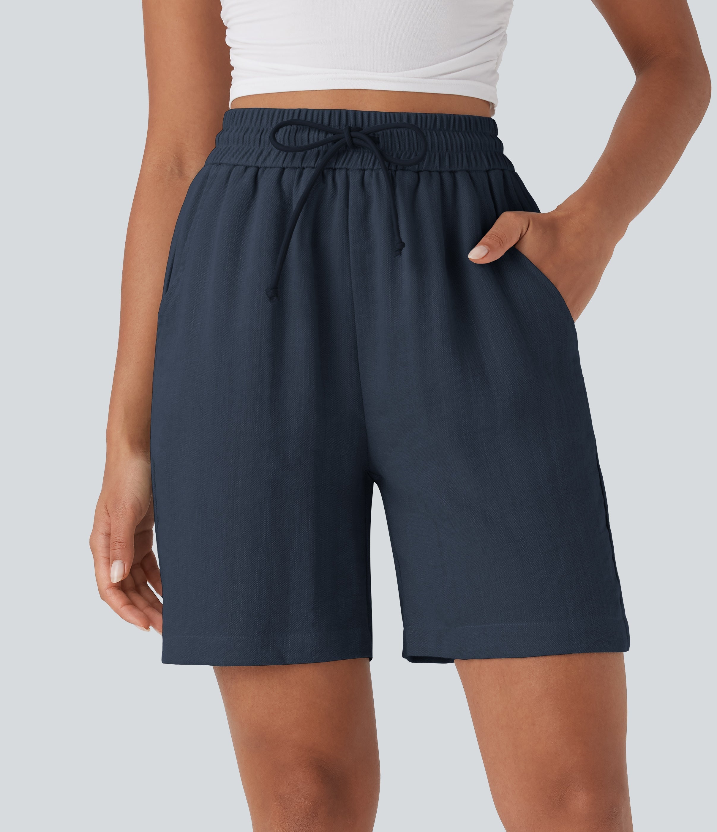 High Waisted Drawstring Casual Linen-Feel Shorts with Pockets
