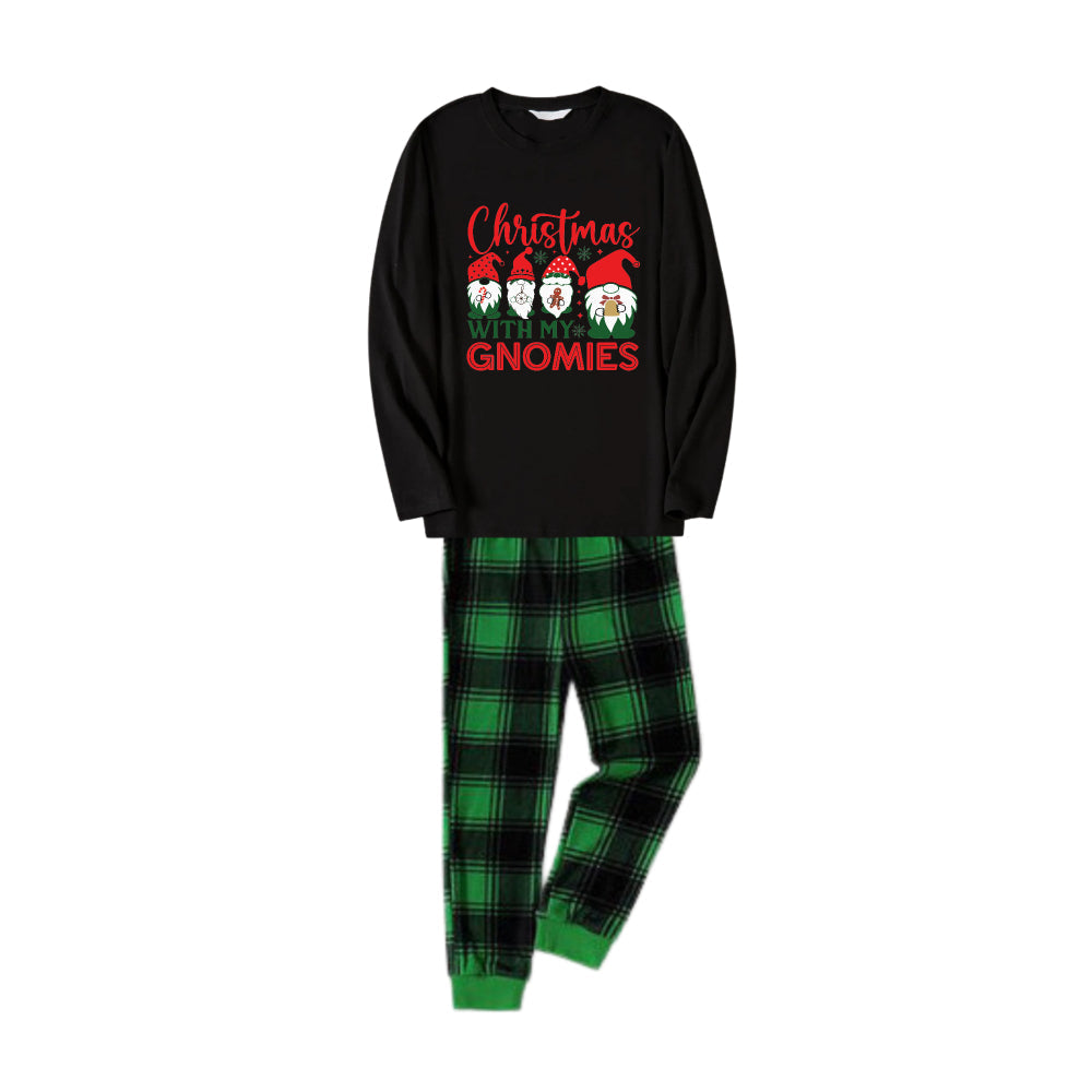 Christmas Family Matching Pajamas-Black Top and Green Plaid Pants Pjs Set with Gnome Family and "Christmas With My Gnomies" Print