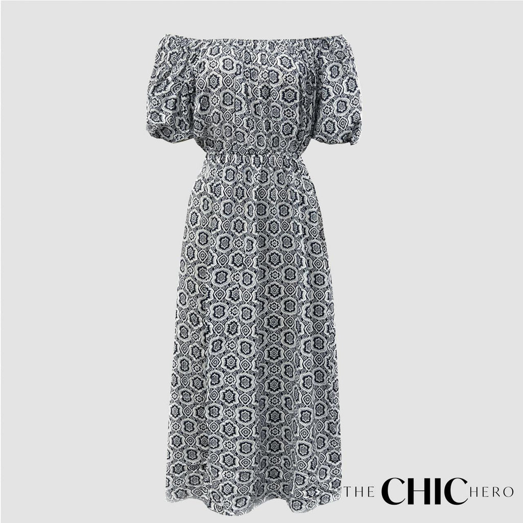 Long Sleeve Vintage Style Maxi Dress in Mono Print