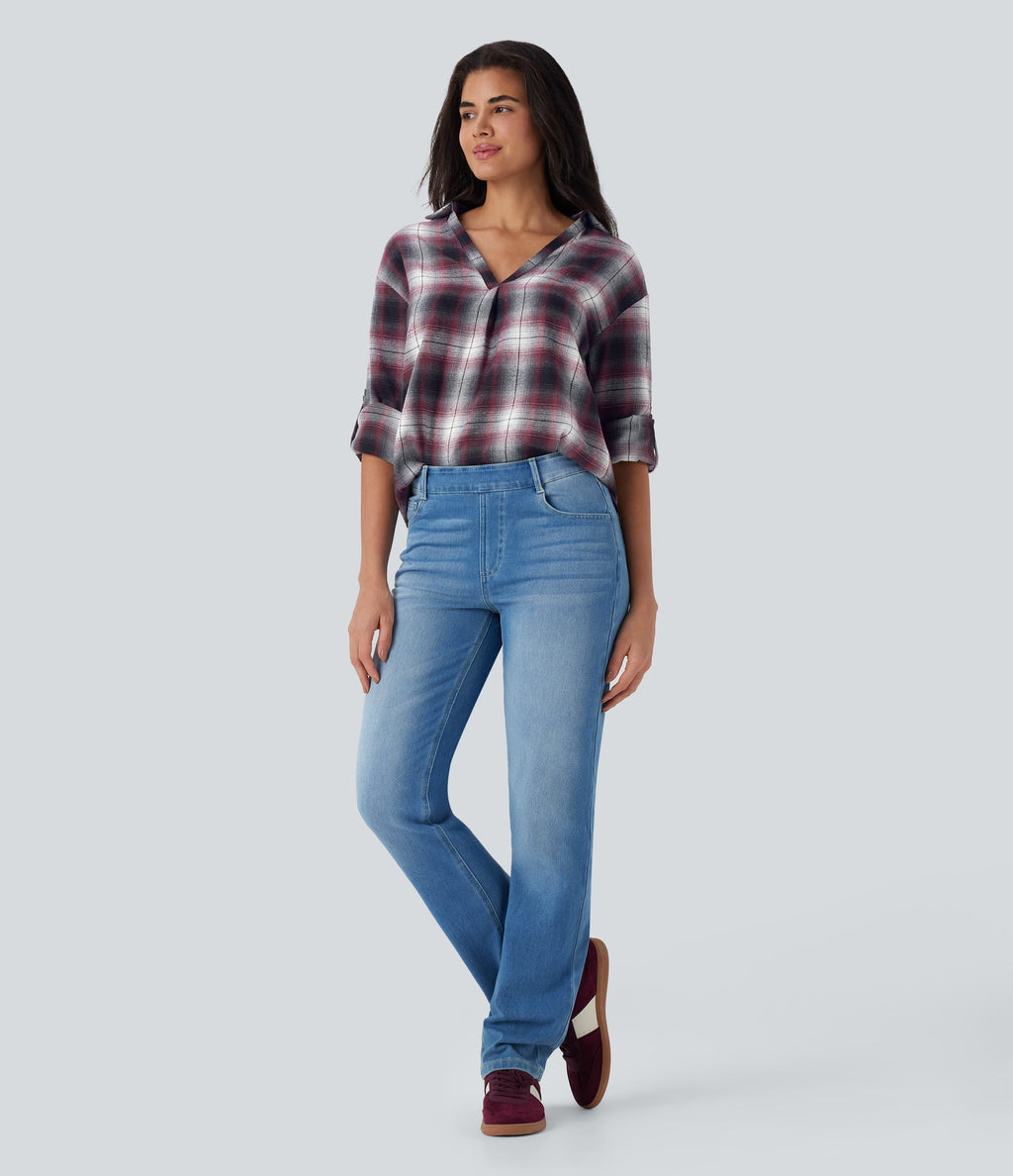 V Neck Curved Hem Plaid Casual Blouse