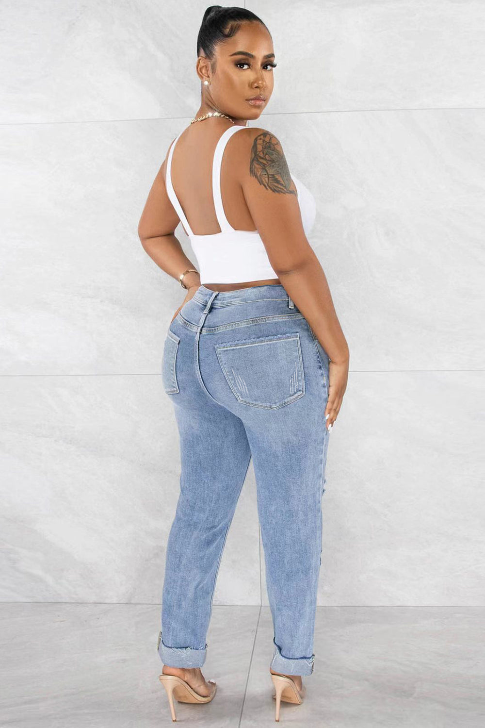 Denim High Waist Ripped Slim Fit Tapered Casual Cuffed Jeans-LightBlue