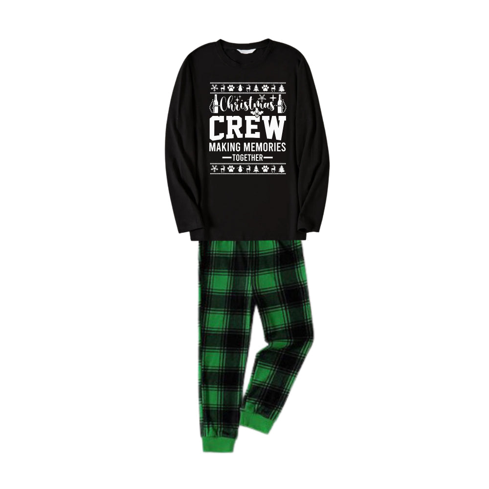 Christmas Family Matching Pajamas-Black Top and Green Plaid Pants Pjs Set with "Christmas Crew" and Christmas Pattern Print