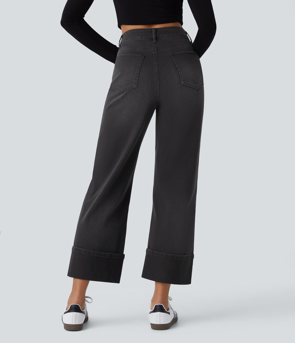 FlexTM High Waisted Multiple Pockets Rolled Hem Wide Leg Washed Stretchy Knit Casual Jeans