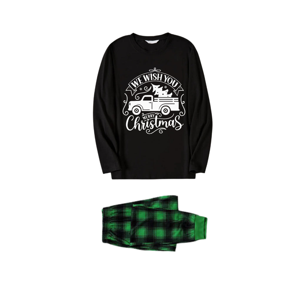 Christmas Family Matching Pajamas-Black Top and Green Plaid Pants Pjs Set with "We Wish You A Merry Christmas" and Christmas Car Pattern Print