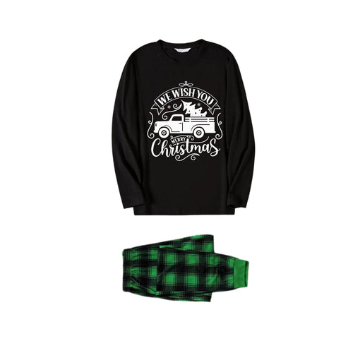 Christmas Family Matching Pajamas-Black Top and Green Plaid Pants Pjs Set with "We Wish You A Merry Christmas" and Christmas Car Pattern Print