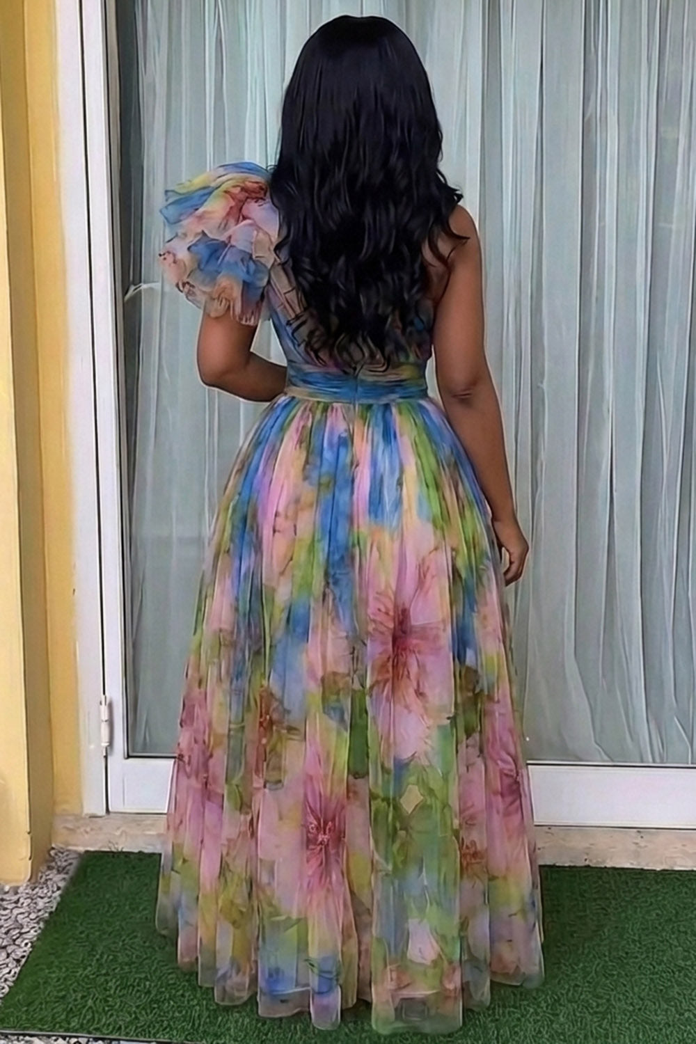 One Shoulder Cinch Waist Floral Gowns Maxi Dresses-Multicolor