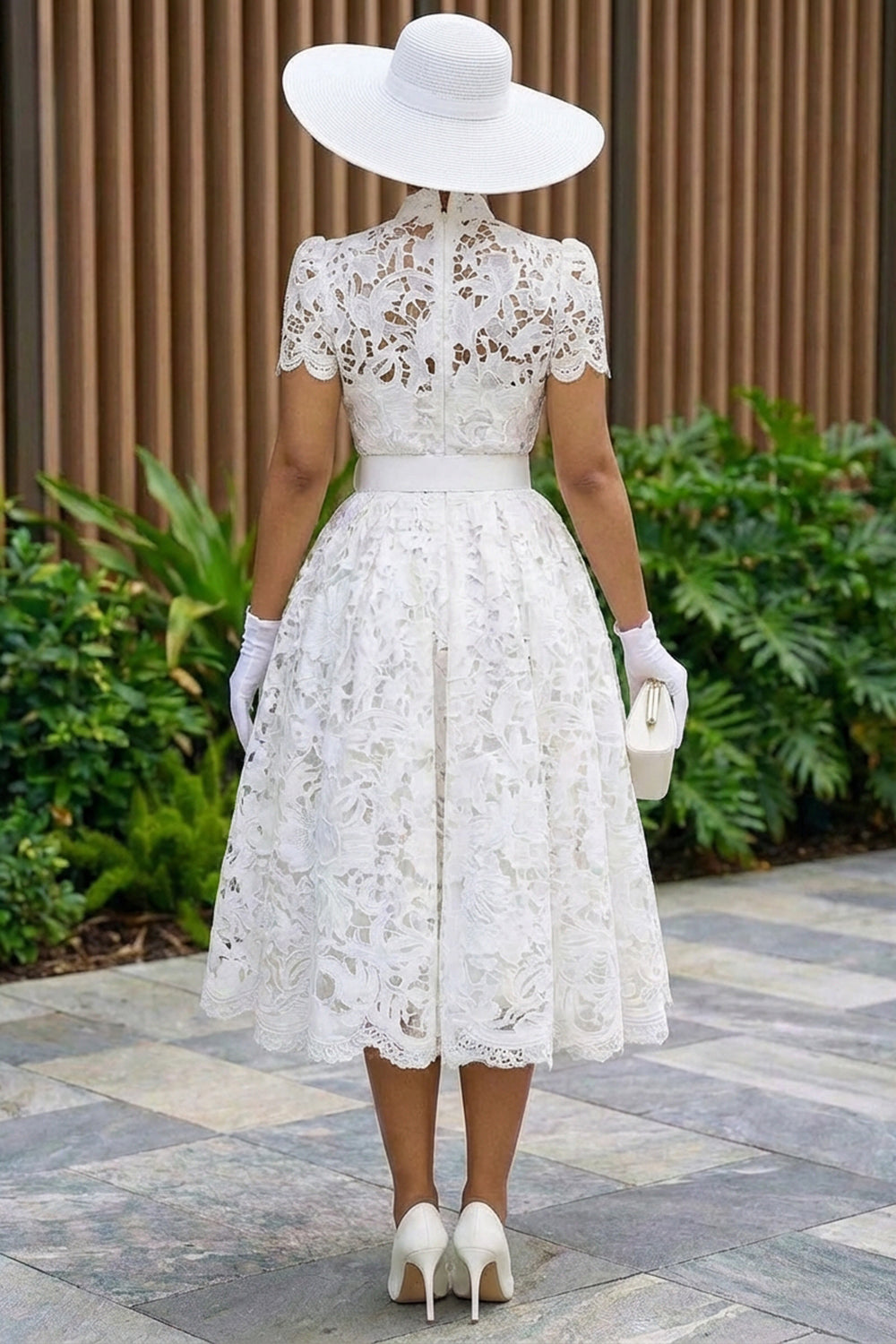 Deep V Neck Cinch Waist Guipure Lace Bouffant Midi Dresses-White
