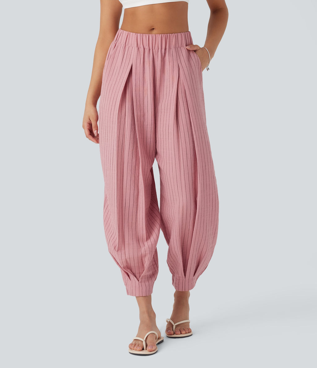 Mid Rise Stripe Casual Linen-Feel Joggers with Pockets