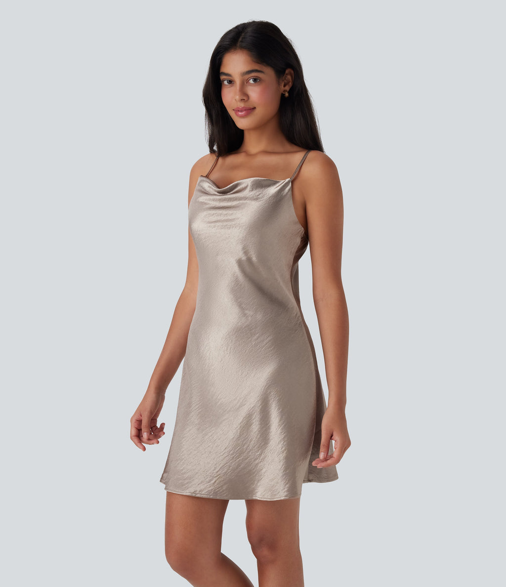 Cowl Neck Satin Mini Casual Slip Dress