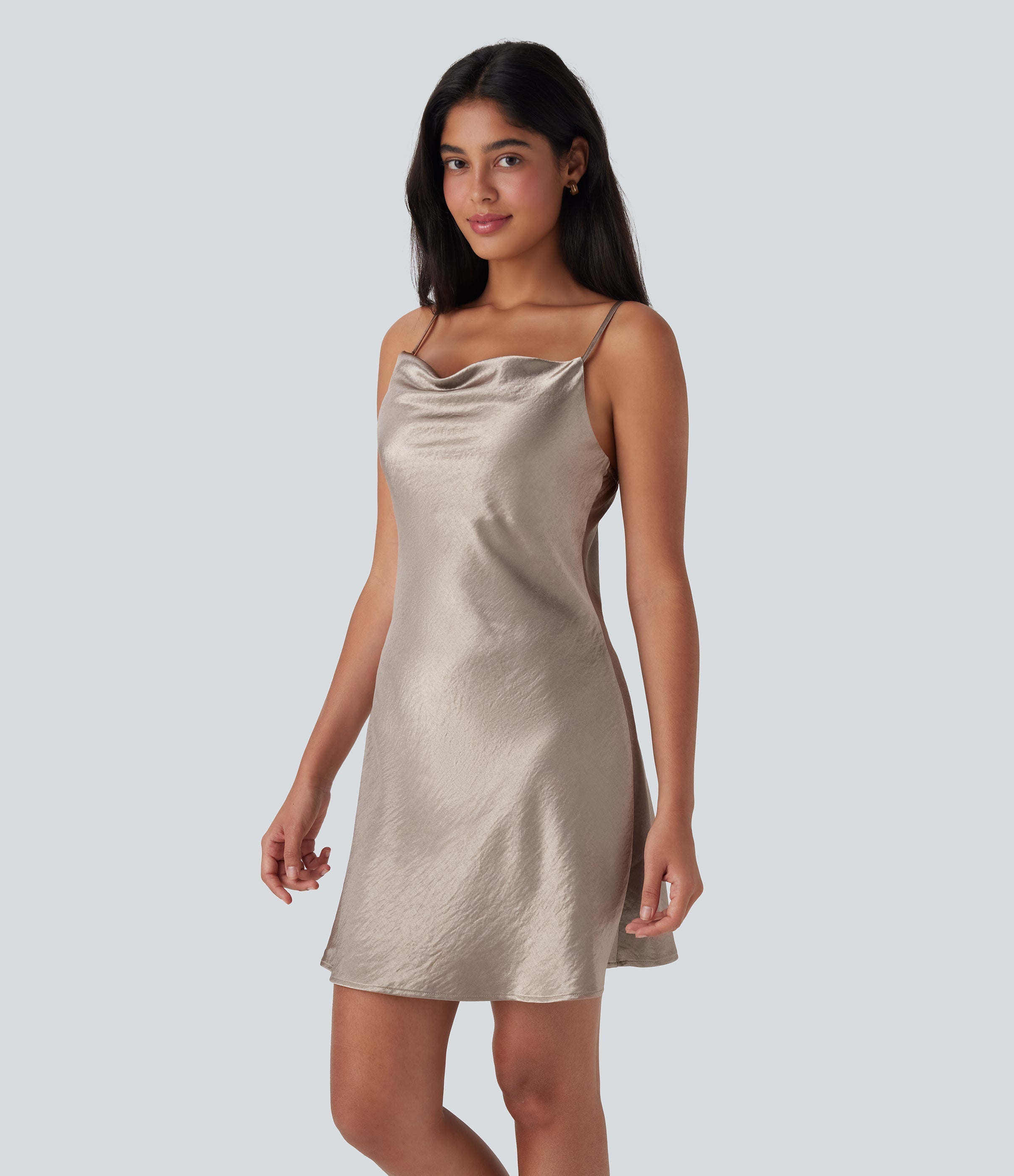 Cowl Neck Satin Mini Casual Slip Dress
