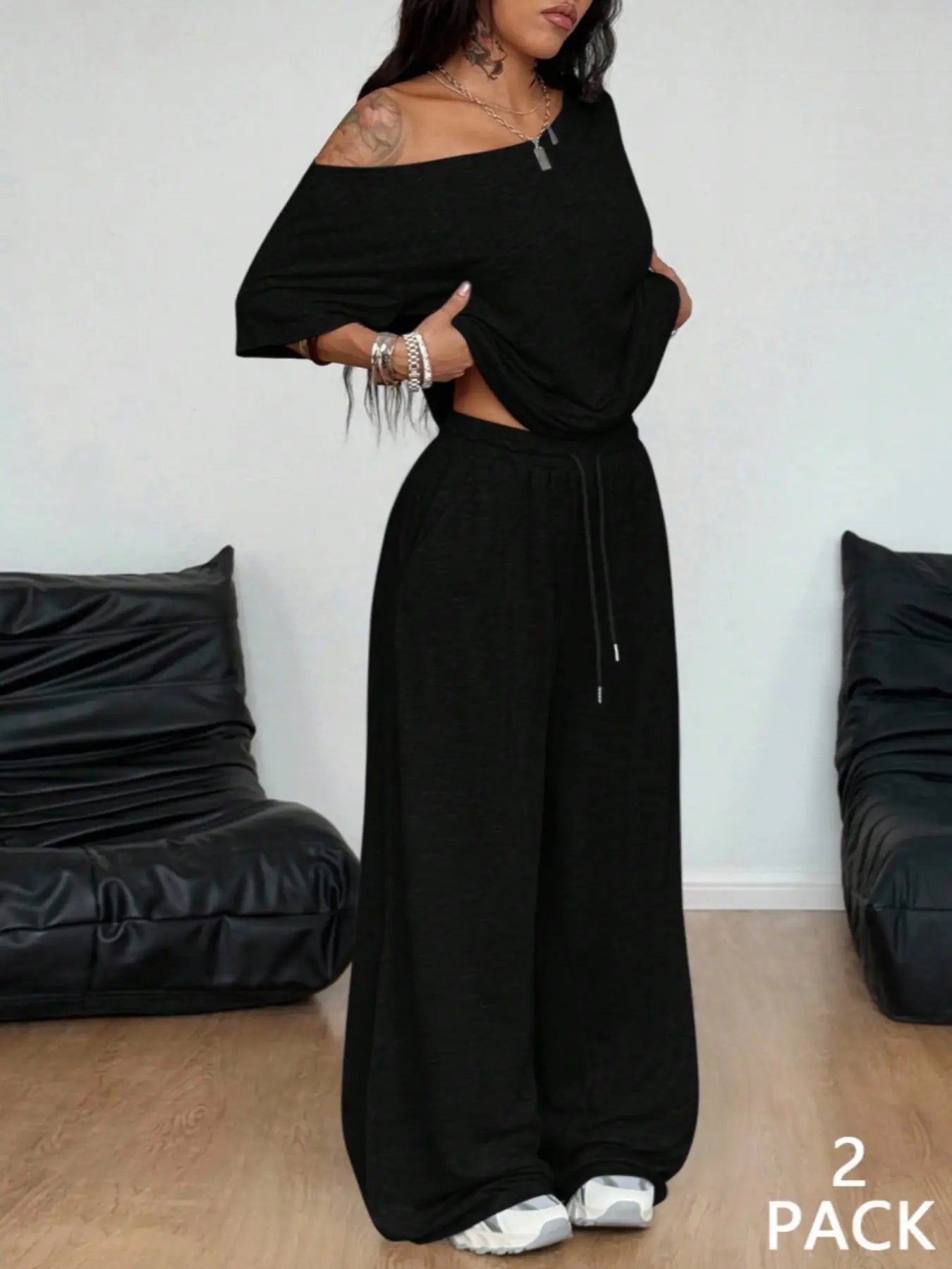 2pcs/Set Women's Minimalist Basic Daily Wear Going Out Sport Comfortable Off Shoulder T-Shirt And Wide Leg Pants Two Pieces Outfits