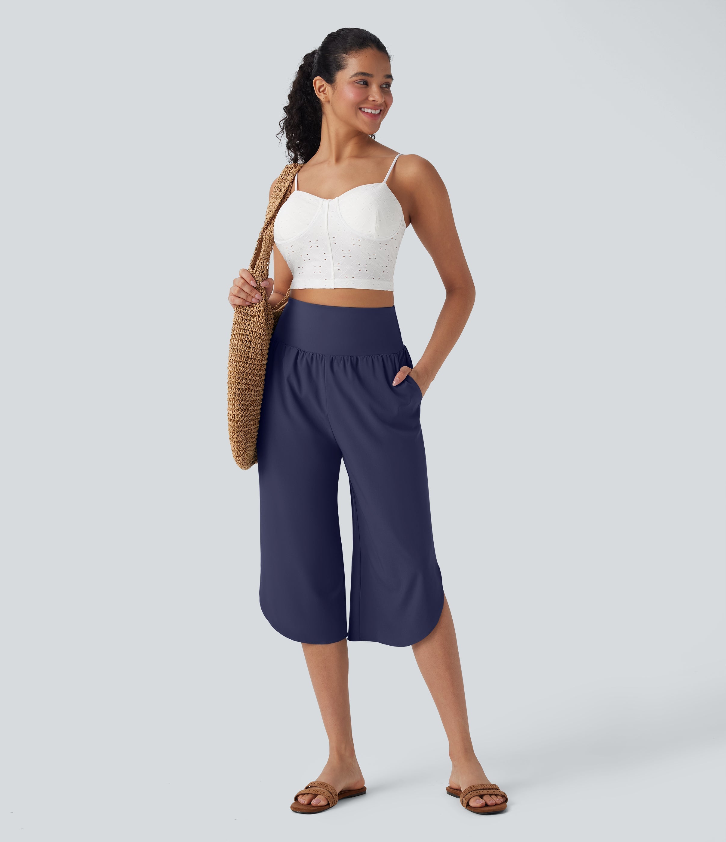 BreezefulTM SoCinched High Waisted Tummy Control Hem Quick Dry Capri Pants with Pockets
