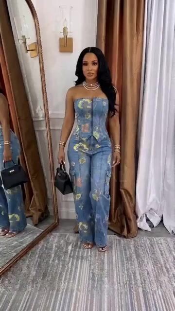 Floral Strapless Top Cargo Pants Denim Casual 2pcs Set-Blue [Pre Order]