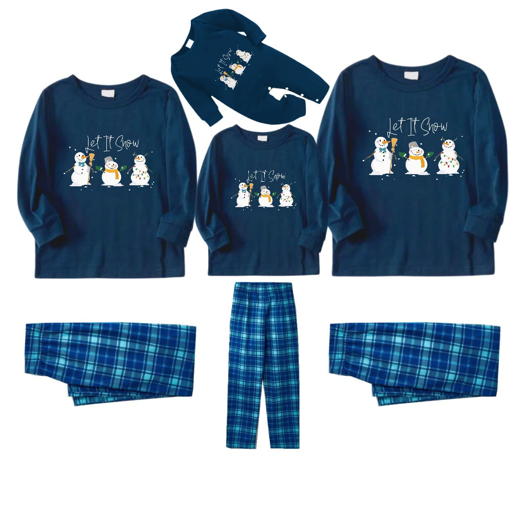 Christmas Family Matching Pajamas-Navy & Sky Blue Plaid Pjs Set with "Let It Snow" and Snowman Pattern Print