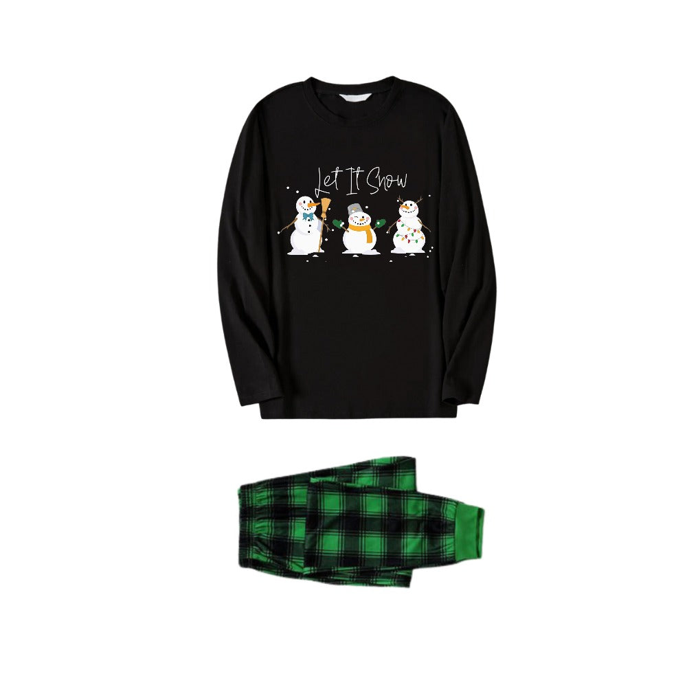 Christmas Family Matching Pajamas-Black Top and Green Plaid Pants Pjs Set with Snowman and "Let It Snow" Print
