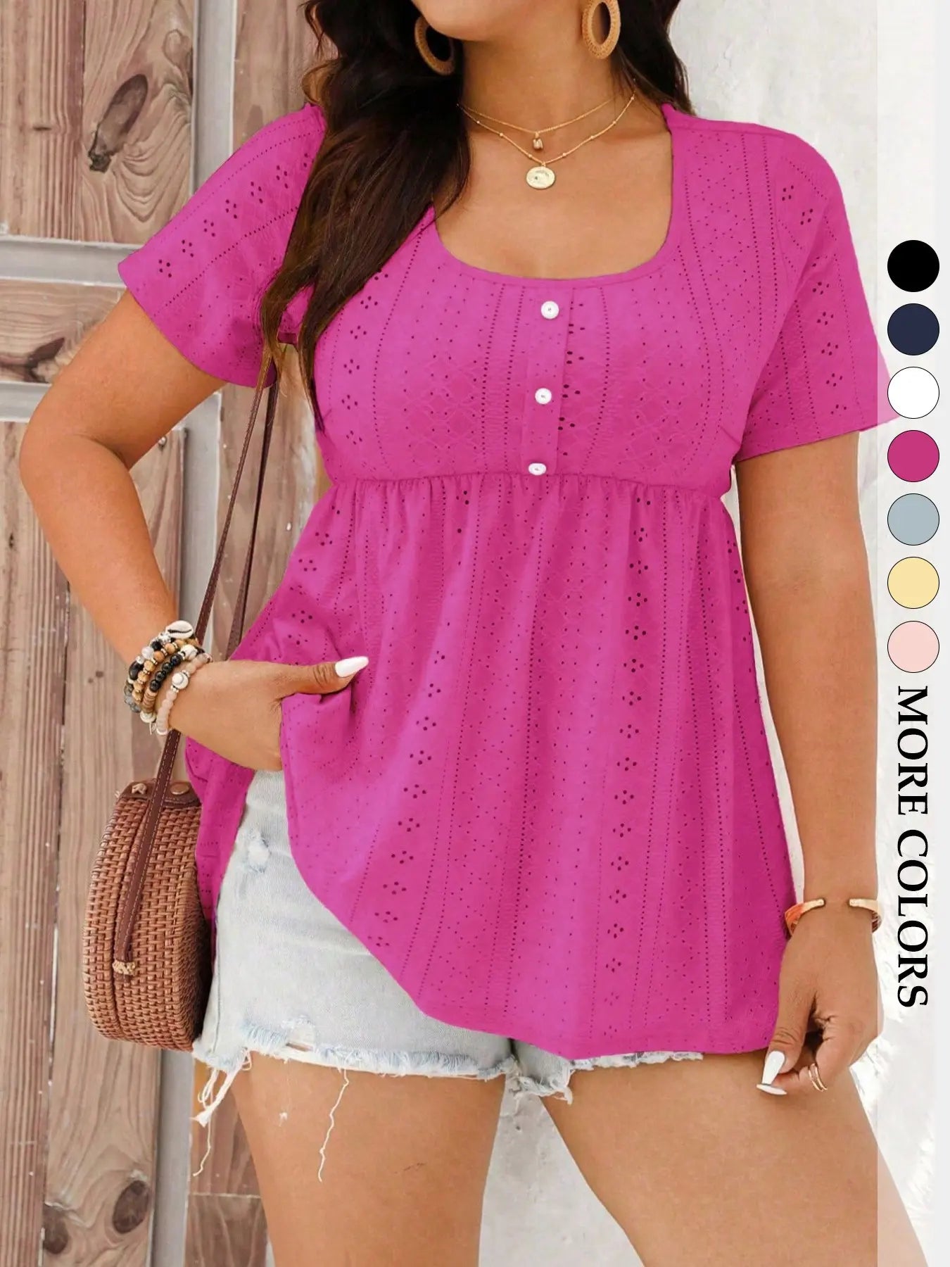 Women's Plus Size Babydoll Shirts Eyelet Peplum Top Short Sleeve Scoop Neck Pearl Button Casual Blouse Flowy Tummy Control Summer Boho Trendy