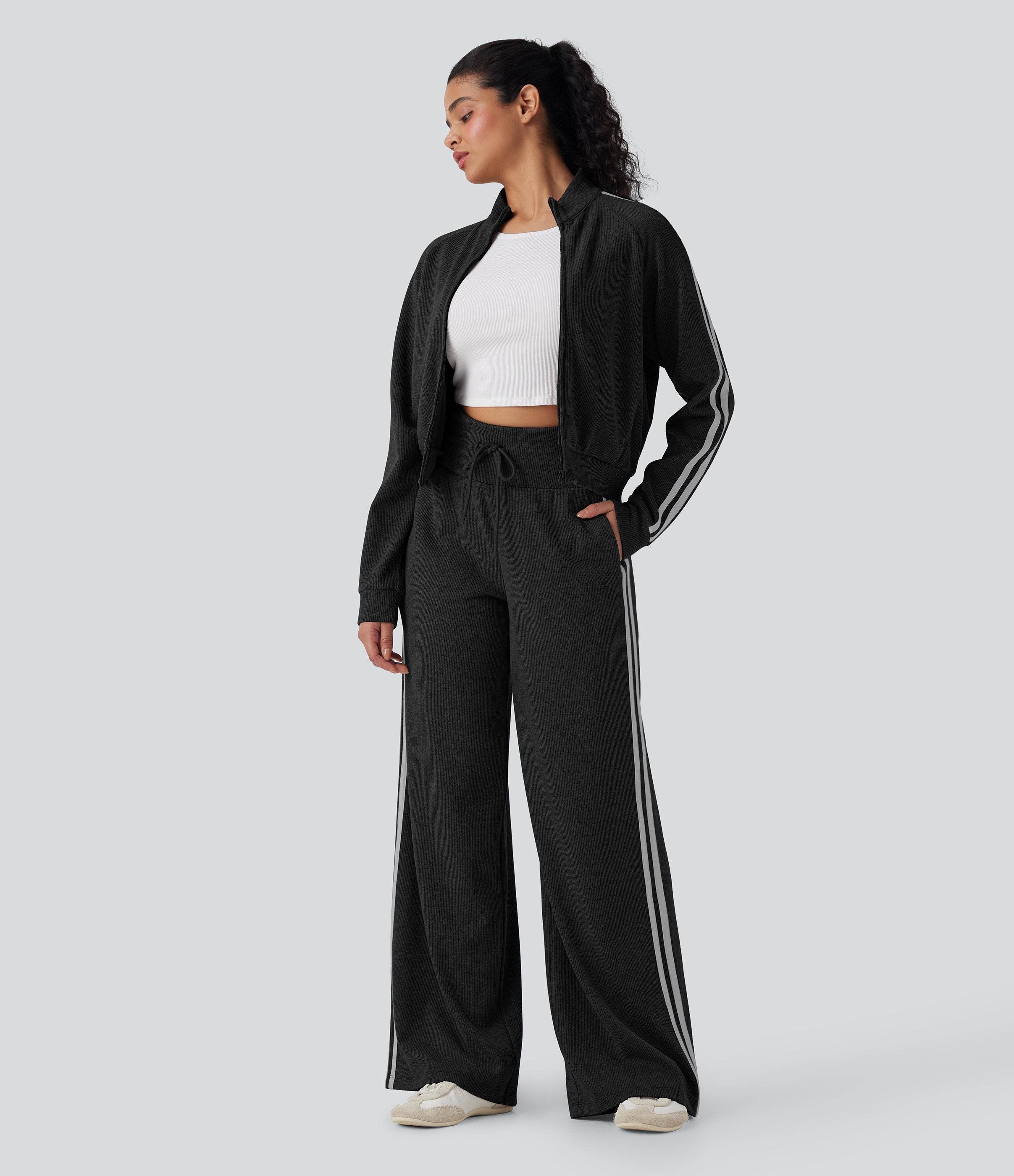 2026🔥 Ribbed SoCinched High Waisted Tummy Control Drawstring Wide Leg Color Block Casual Trousers with Pockets