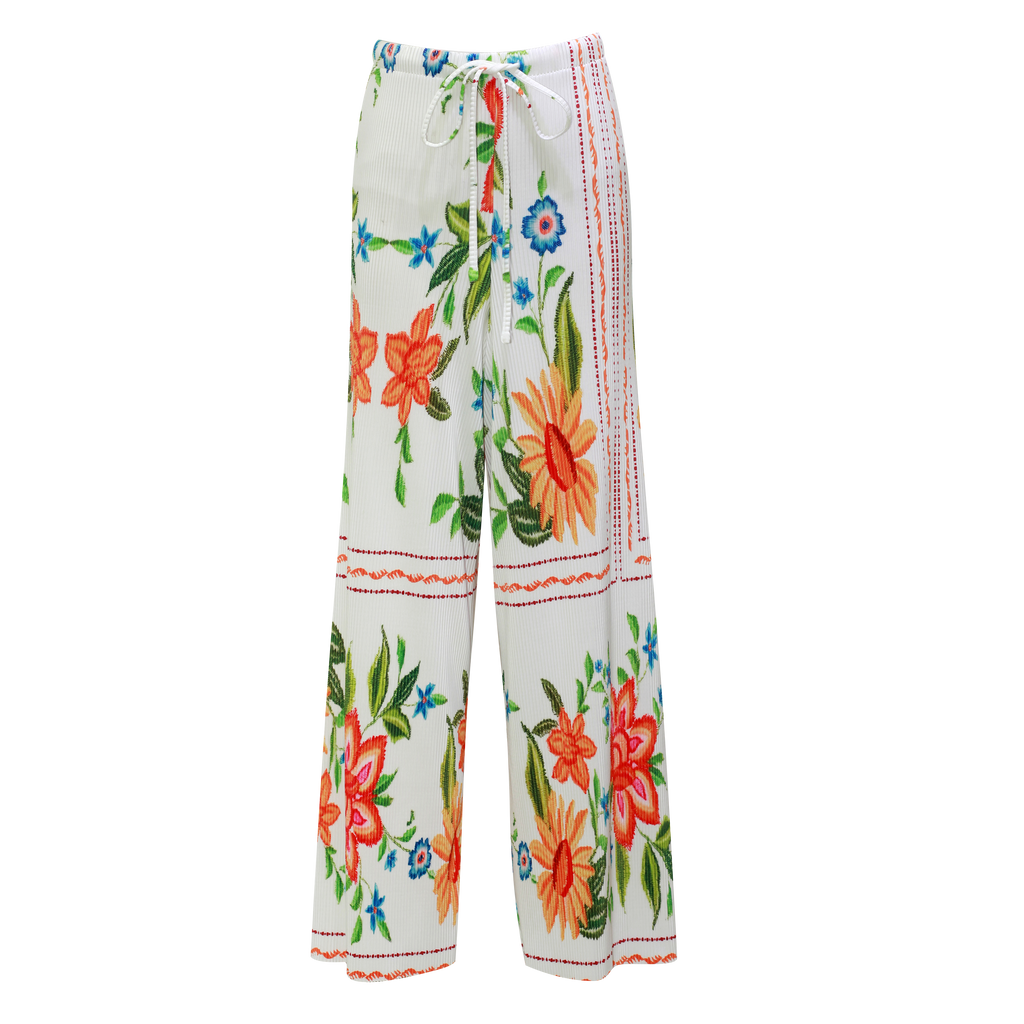 Colorful Floral Embroidery Vest Top & Pleated Pants