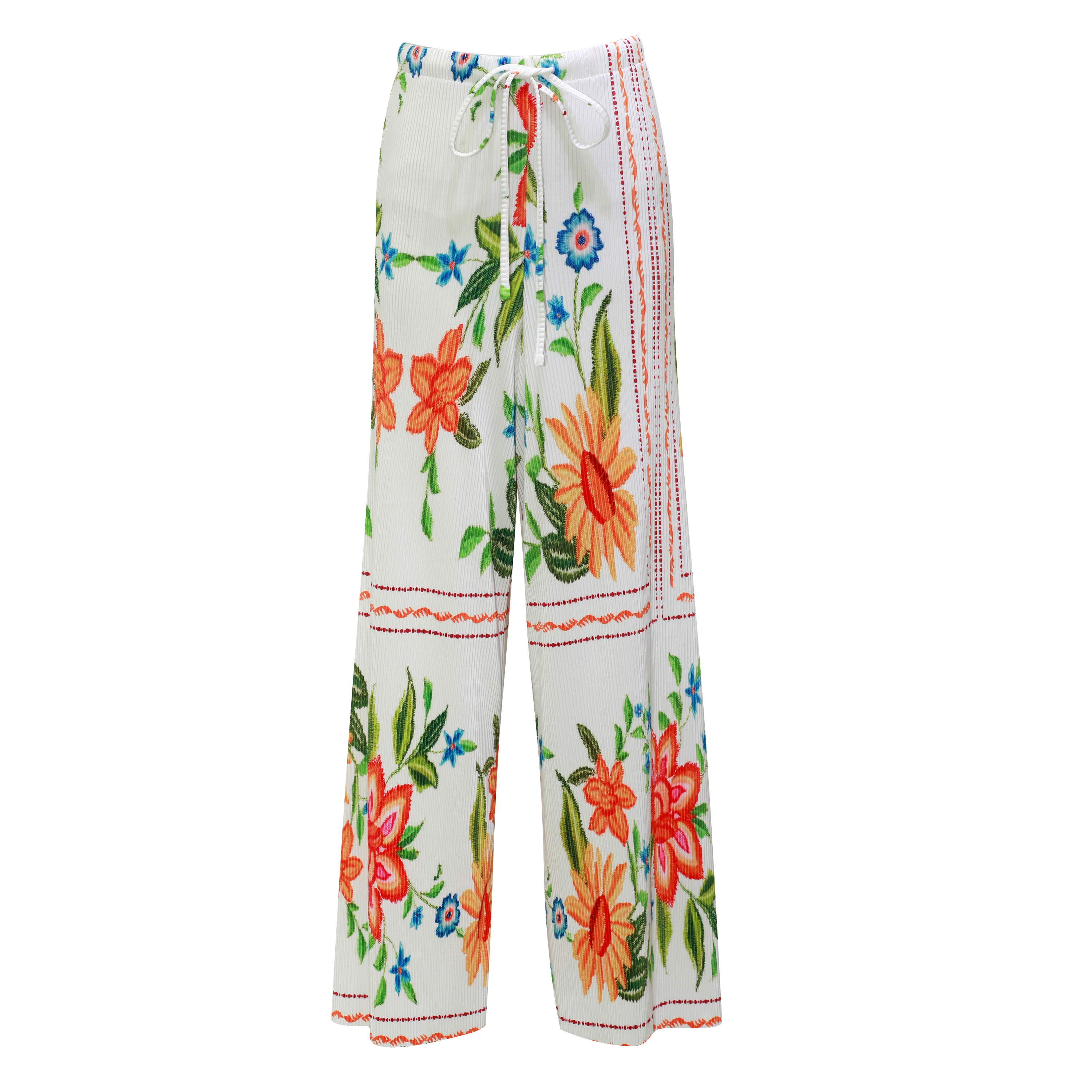 Colorful Floral Embroidery Vest Top & Pleated Pants