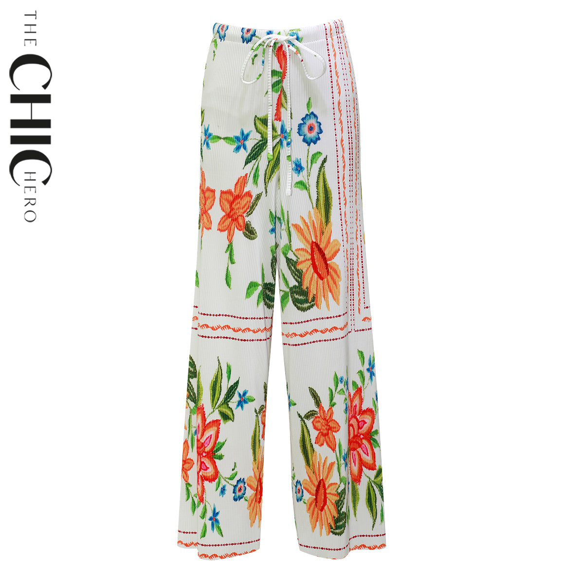 Colorful Floral Embroidery Vest Top & Pleated Pants