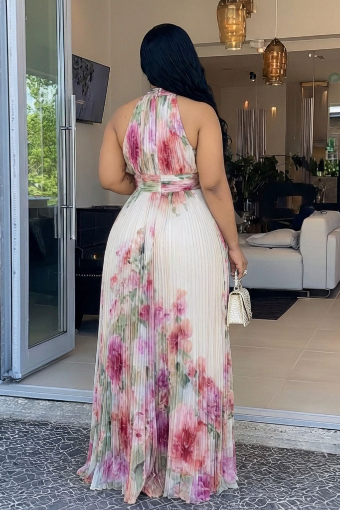 Halter Sleeveless Flower Pleated Losses Fit Maxi Dresses-White