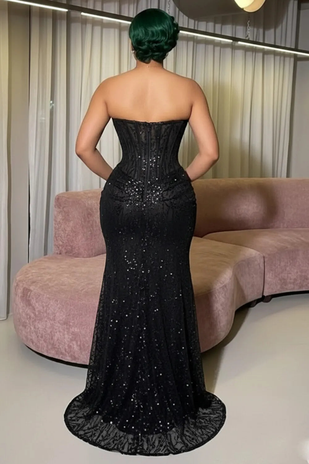 Strapless Cinch Waist Ruched Sequin Slit Party Maxi Dresses-Black
