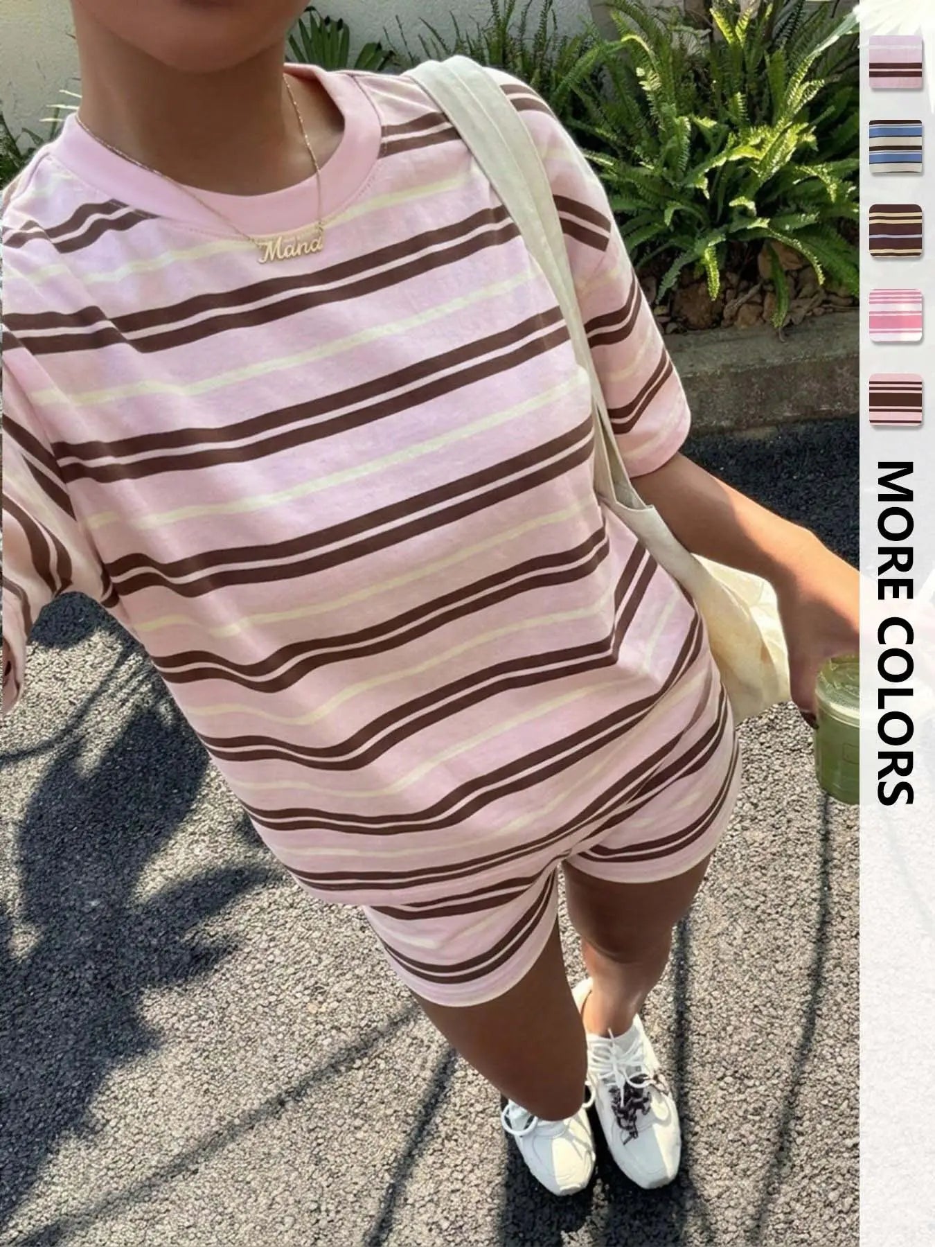 Women's Casual Loose Fit Set, Striped Print Suit, Summer Vacation American Retro Street Style, Perfect for All-Day Home Wear