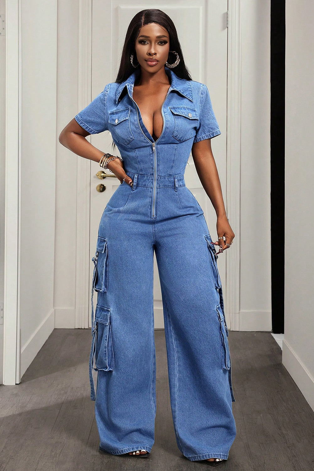 Denim Turndown Collar Zipper Cargo Pocket Wide Leg Casual Jumpsuit-Blue