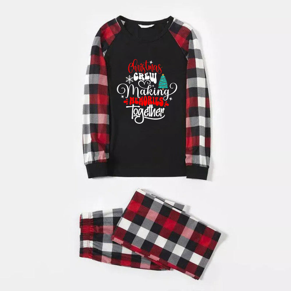 Christmas Family Matching Pajamas-Red and Gray Plaid Pjs set with "Christmas Crew Making Memories Together" Artistic Font Slogan Print