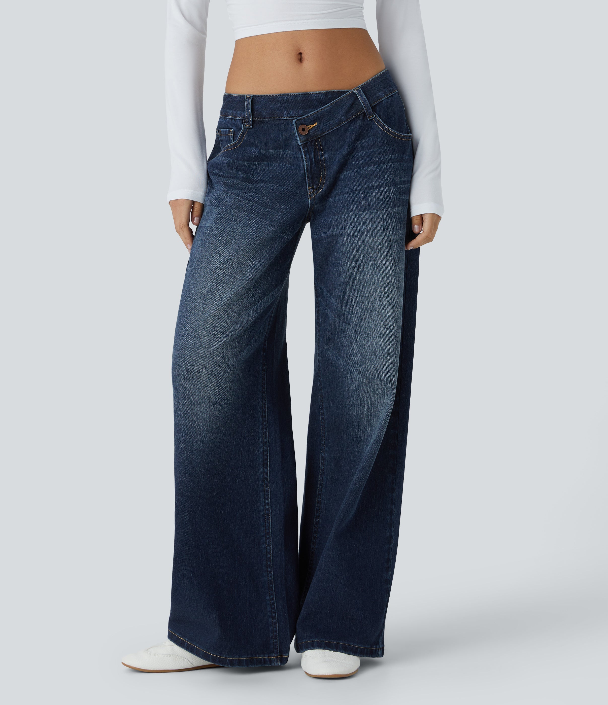 FlexTM Asymmetric Low Rise Zipper Pockets Baggy Wide Leg Washed Casual Jeans