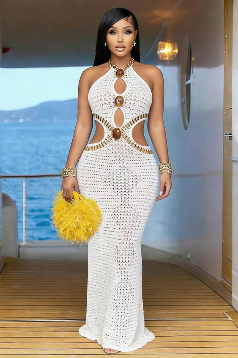 Halter Backless Hollow Out Knit Vacation Maxi Dresses-White