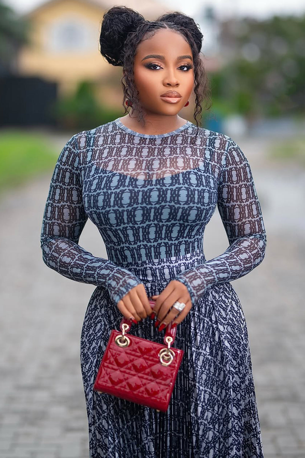 Round Neck All Over Print Long Sleeve Top Maxi Skirt 2pcs Set-Blue