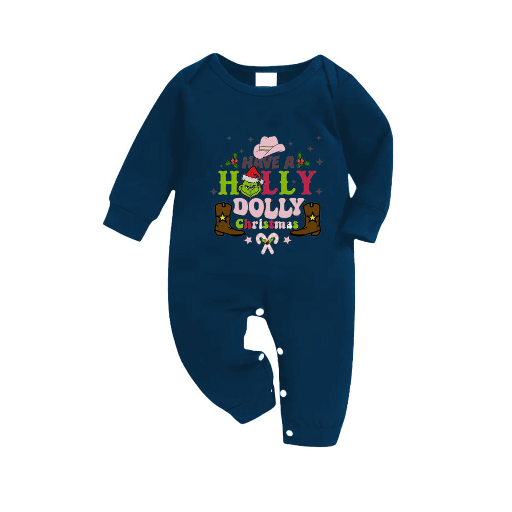 Christmas Family Matching Pajamas-Navy & Sky Blue Plaid Pjs Set with Grinch and "Have A Holly Dolly Christmas" Print
