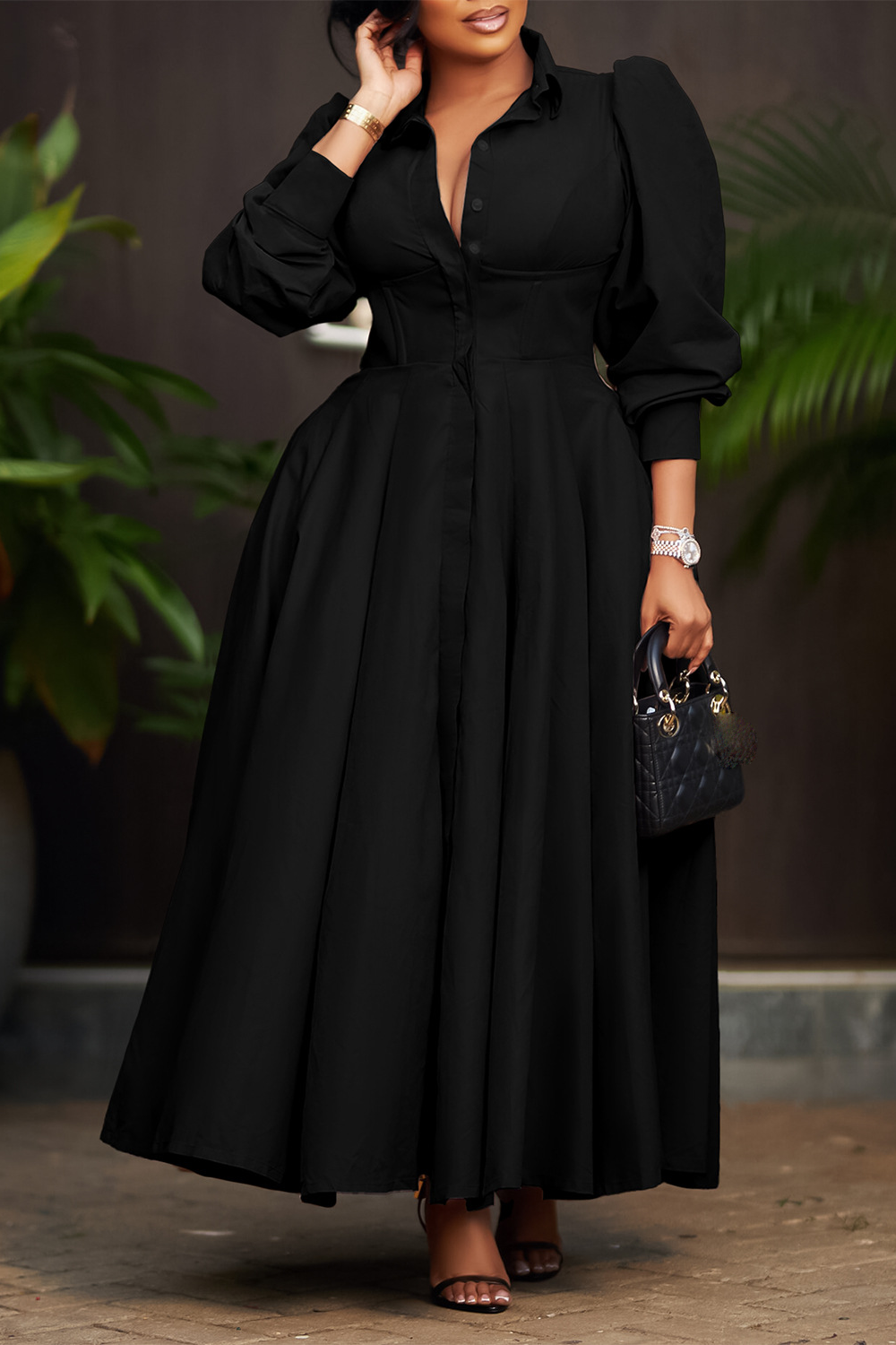 Turndown Collar Long Sleeve Cinch Waist Solid Color Maxi Shirt Dresses-Pink