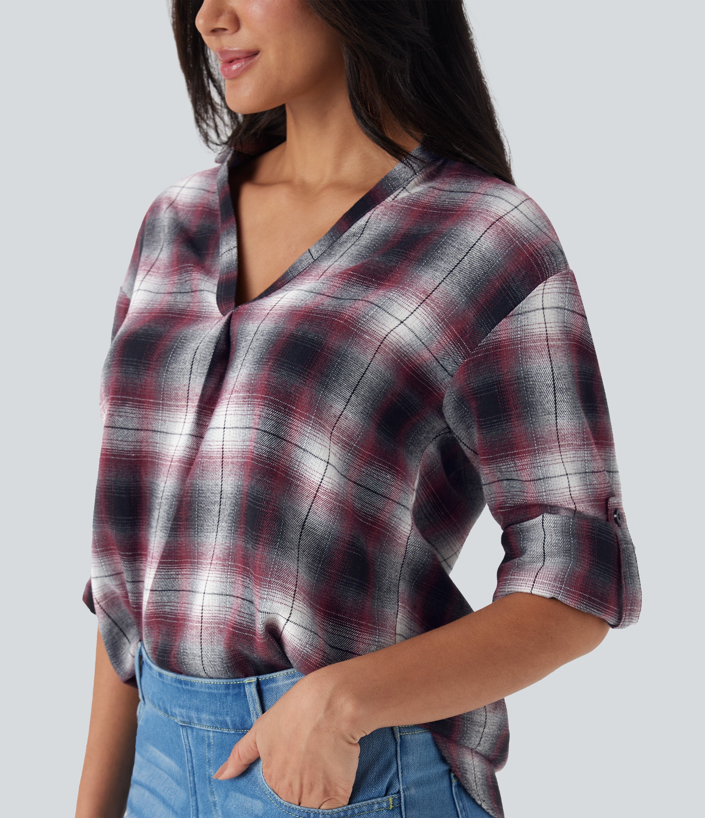 V Neck Curved Hem Plaid Casual Blouse