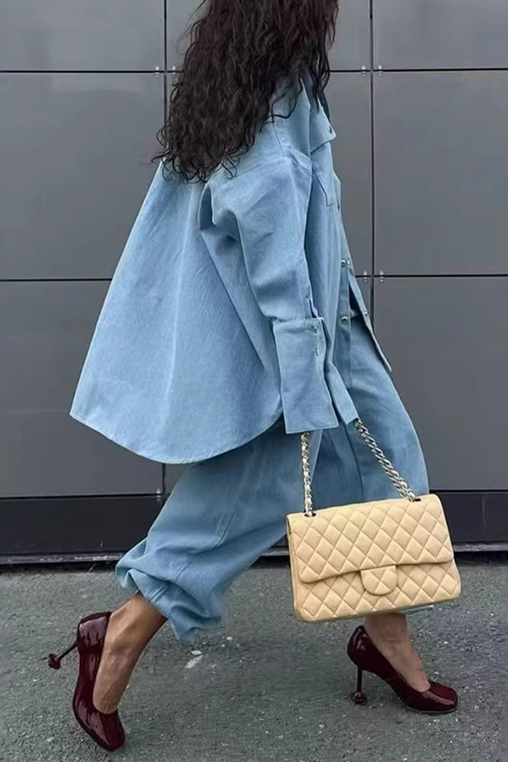 Denim Turndown Collar Balloon Sleeve Long Top Pants Casual 2pcs Set-Blue