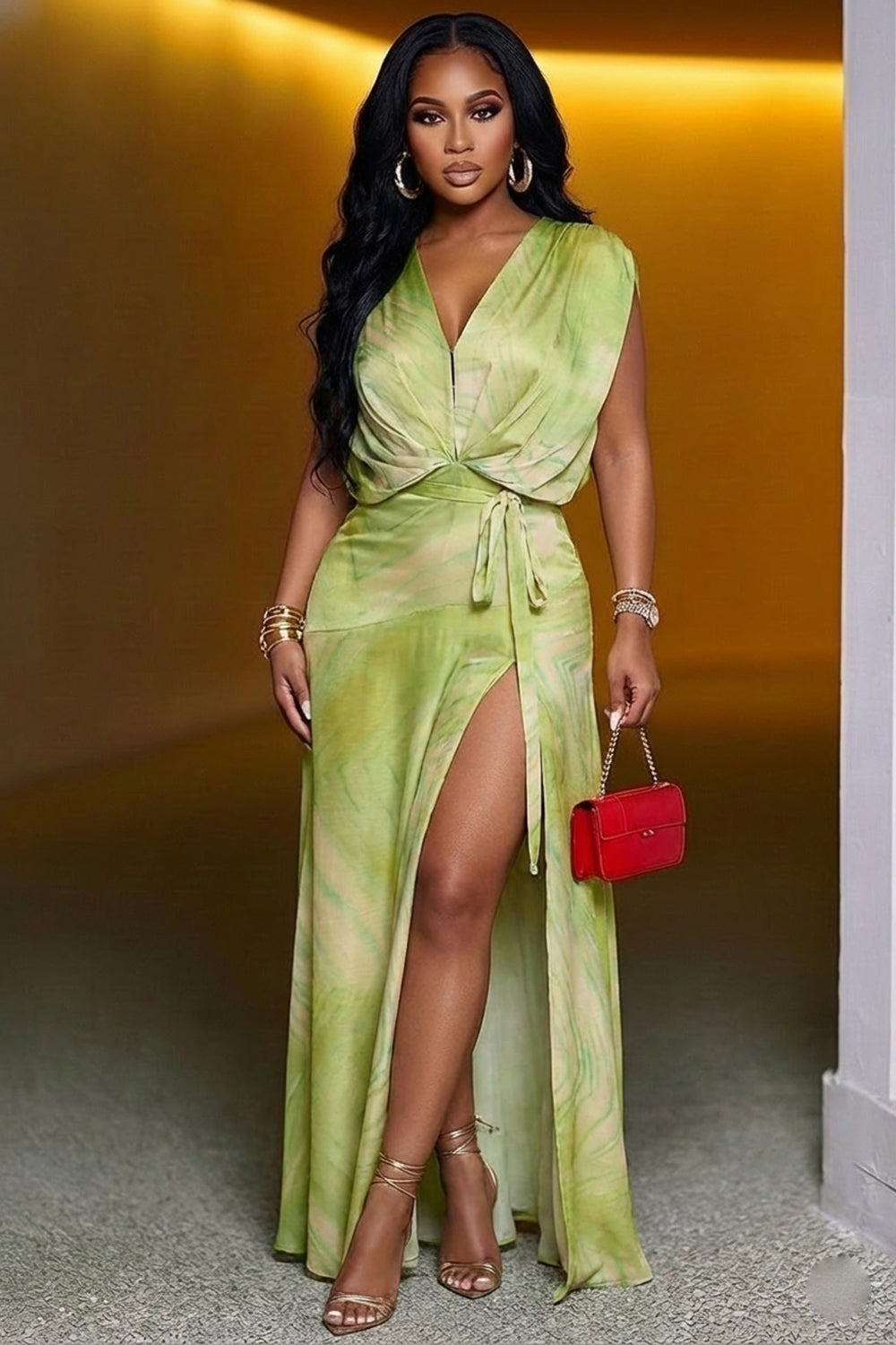 Deep V Neck Sleeveless Ruched High Slit Gowns Maxi Dresses-Green