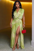 Deep V Neck Sleeveless Ruched High Slit Gowns Maxi Dresses-Green