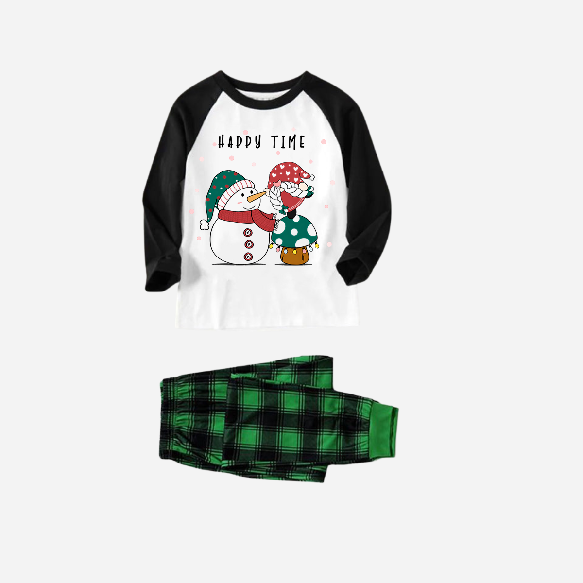 Black Raglan Top Green Plaid Christmas Pajamas Set With Snowman and Gnome and "Happy Time" Text Print