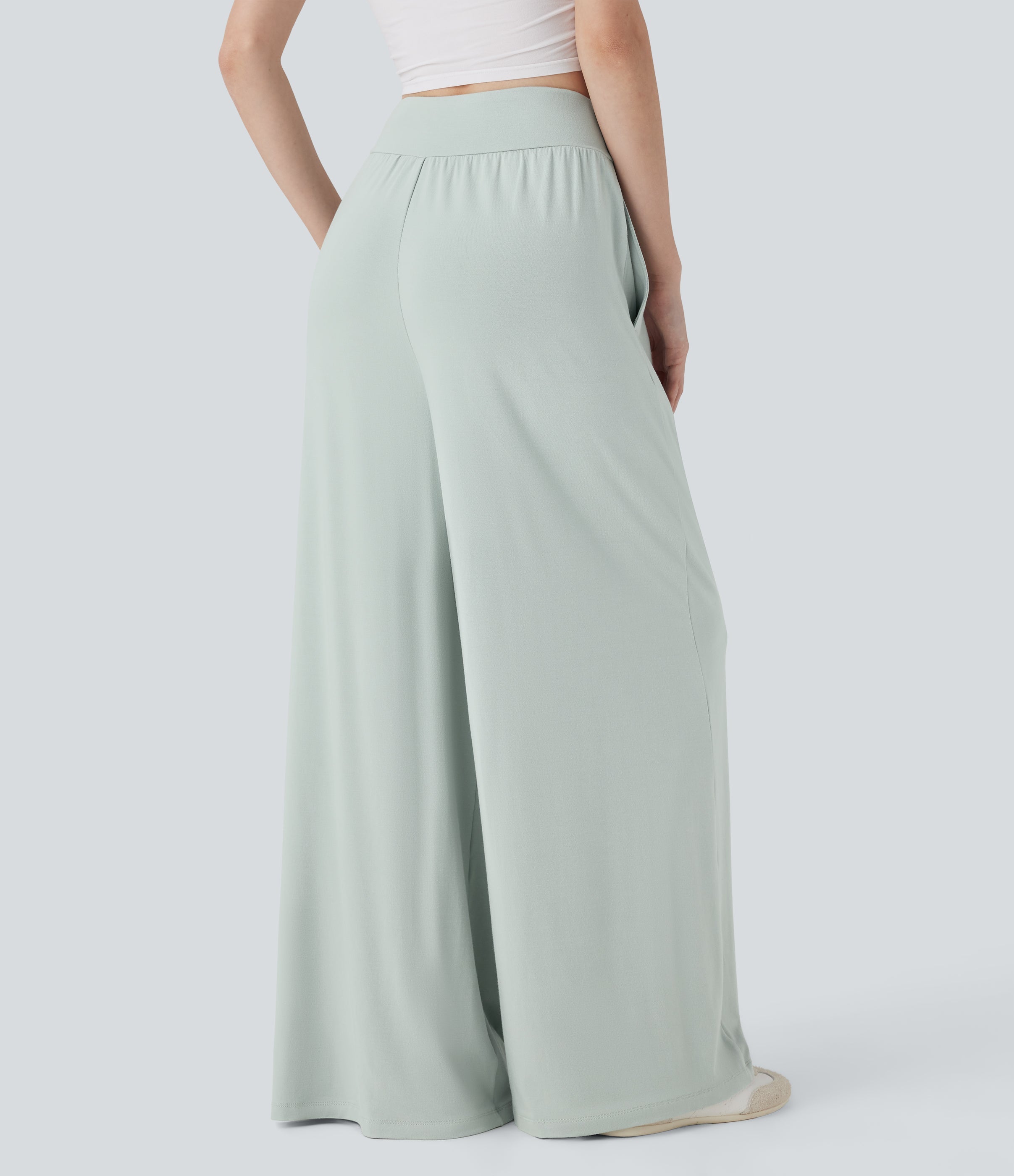 Mid Rise Crossover Ruched Wide Leg Casual Pants with Pockets